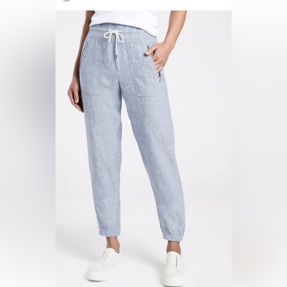 Athleta Cabo Linen Jogger Pants With Drawstring Waistband Chambray  Size 8 - Picture 1 of 8